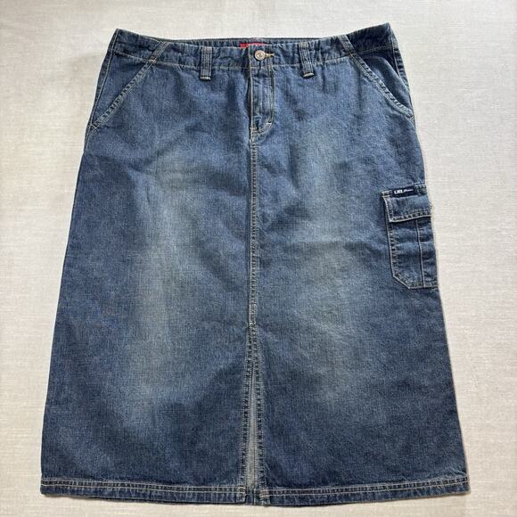 VTG Unionbay 90s Y2K Denim Midi Jean Skirt Cargo Pocket Sz 15 Blue Grunge Retro - Picture 1 of 9